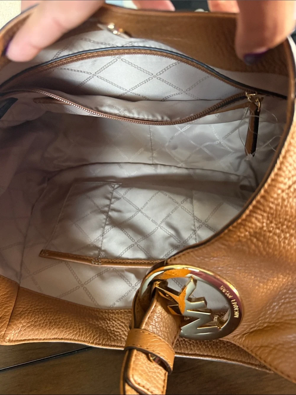 Michael Kors Tan and Ivory MK Logo Hobo Bag with Gold Hardware